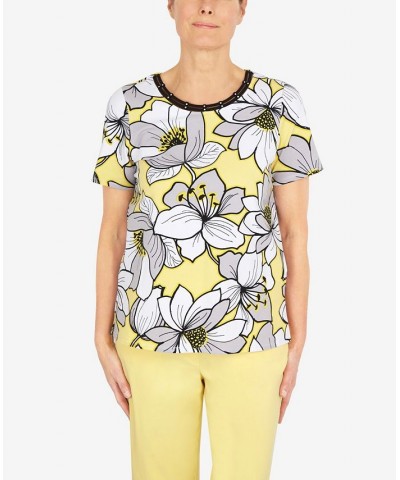Petite Summer In The City Dramatic Flower Double Strap Short Sleeve T-shirt Yellow $34.19 Tops