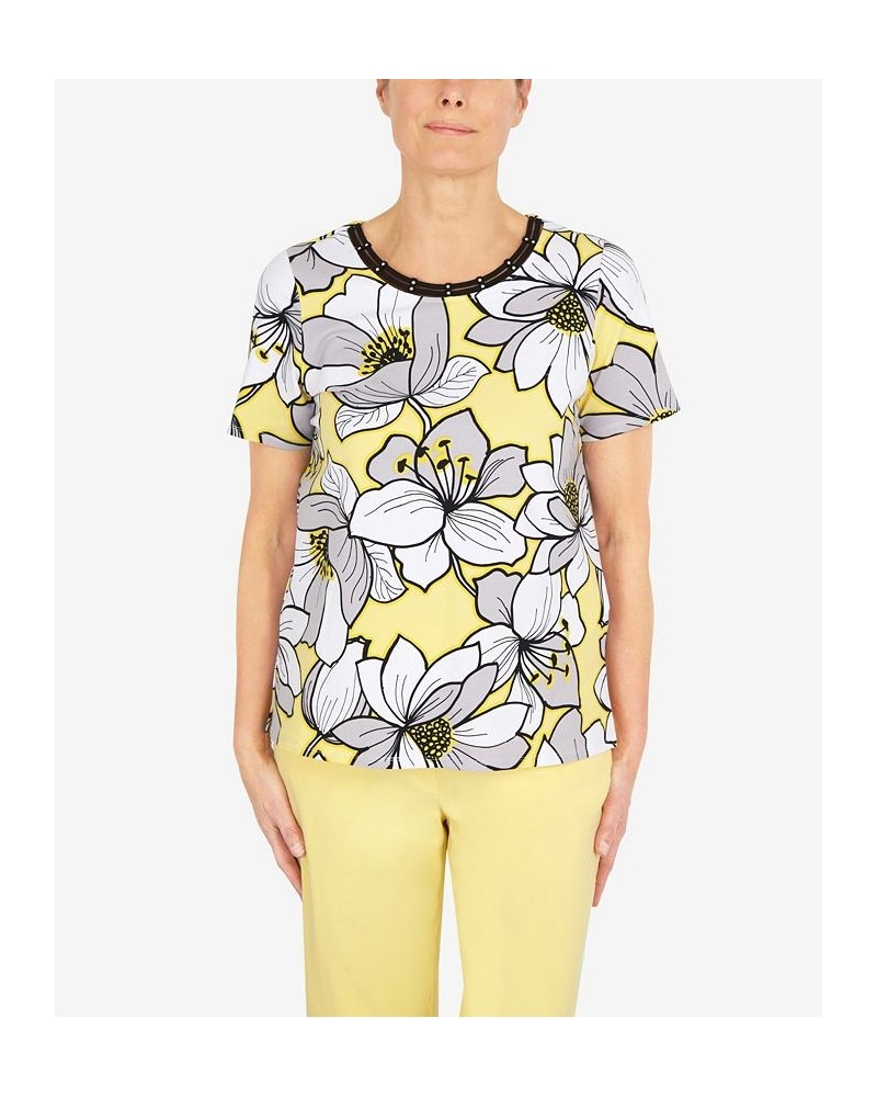 Petite Summer In The City Dramatic Flower Double Strap Short Sleeve T-shirt Yellow $34.19 Tops