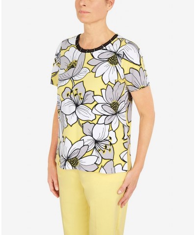 Petite Summer In The City Dramatic Flower Double Strap Short Sleeve T-shirt Yellow $34.19 Tops