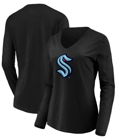 Women's Black Seattle Kraken Primary Logo Long Sleeve V-Neck T-shirt Black $23.09 Tops
