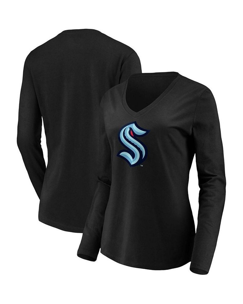 Women's Black Seattle Kraken Primary Logo Long Sleeve V-Neck T-shirt Black $23.09 Tops