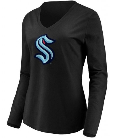 Women's Black Seattle Kraken Primary Logo Long Sleeve V-Neck T-shirt Black $23.09 Tops