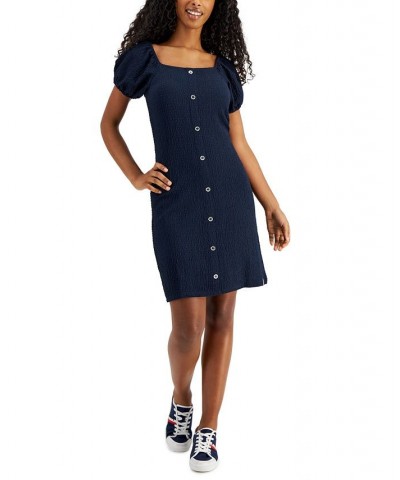 Women's Button Puff-Sleeve Dress Blue $41.17 Dresses