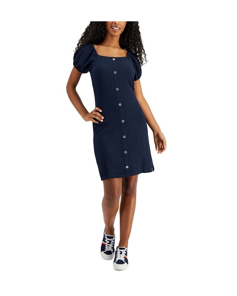 Women's Button Puff-Sleeve Dress Blue $41.17 Dresses