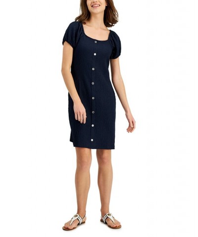 Women's Button Puff-Sleeve Dress Blue $41.17 Dresses