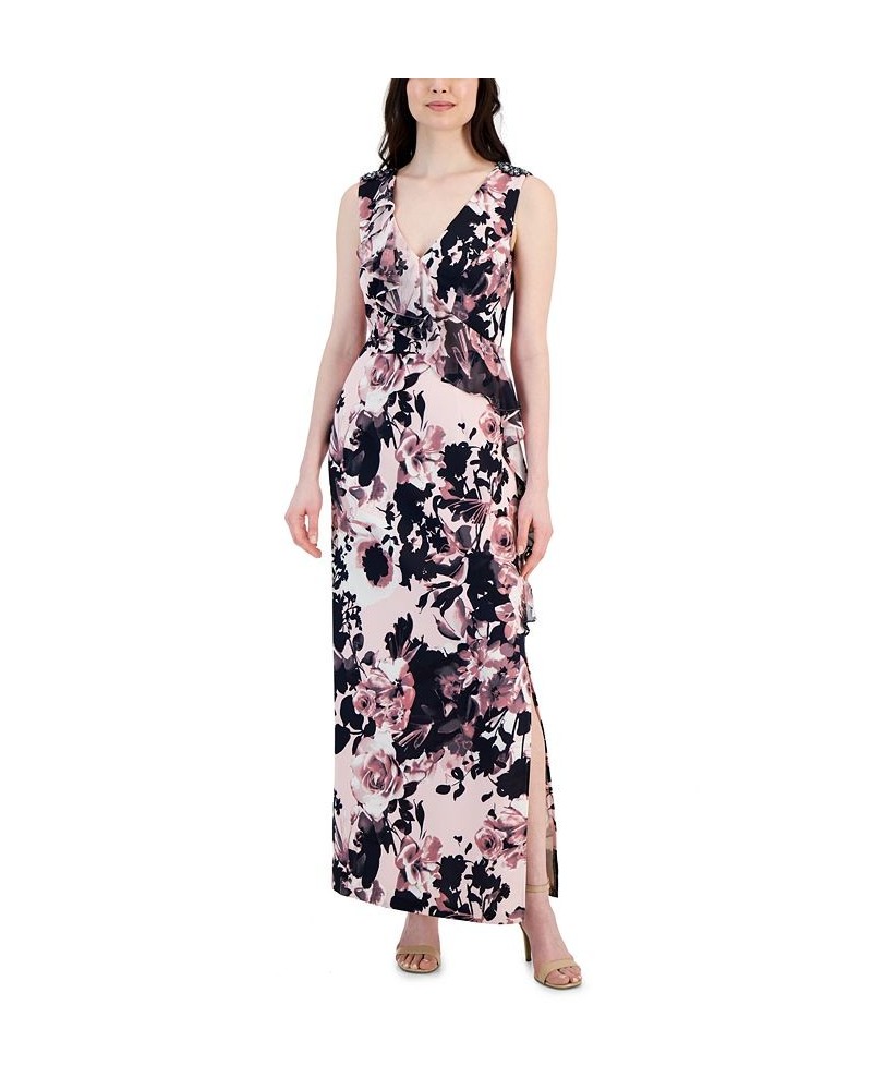 Women's Floral Ruffled-Front Embellished-Shoulder Maxi Dress Mauve $47.52 Dresses