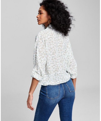 Women's Floral-Print Utility Shirt Blue $23.60 Tops