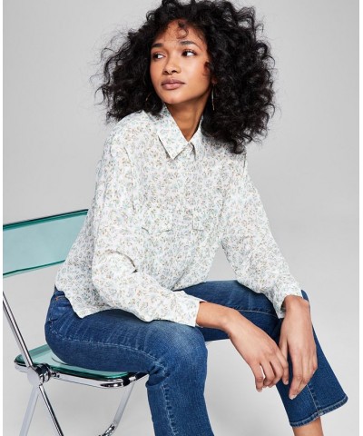 Women's Floral-Print Utility Shirt Blue $23.60 Tops