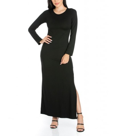 Women's Long Sleeve Side Slit Fitted Maxi Dress Black $21.86 Dresses