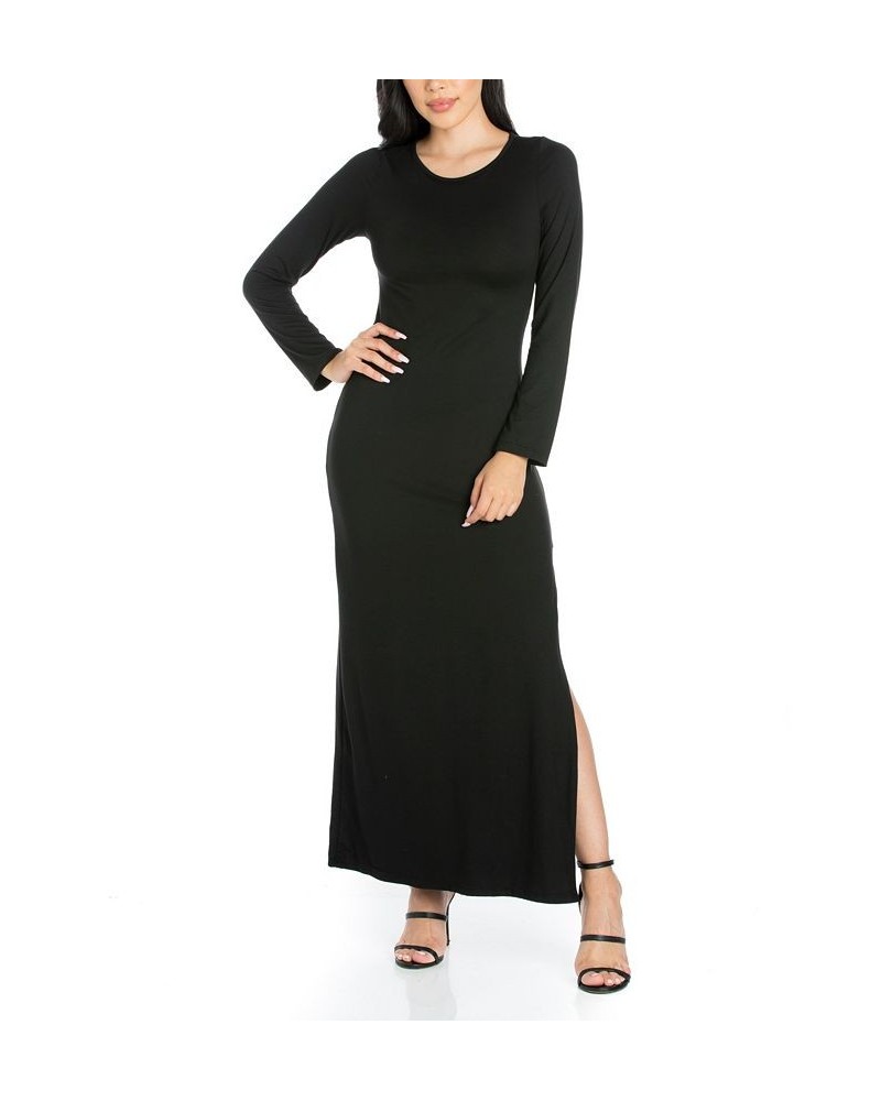 Women's Long Sleeve Side Slit Fitted Maxi Dress Black $21.86 Dresses