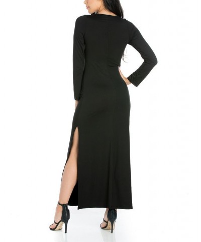 Women's Long Sleeve Side Slit Fitted Maxi Dress Black $21.86 Dresses