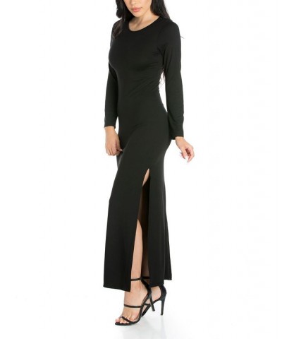 Women's Long Sleeve Side Slit Fitted Maxi Dress Black $21.86 Dresses