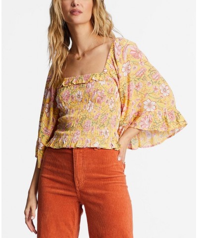Juniors' Be My Babe Floral Bell-Sleeve Top Yellow $36.46 Tops
