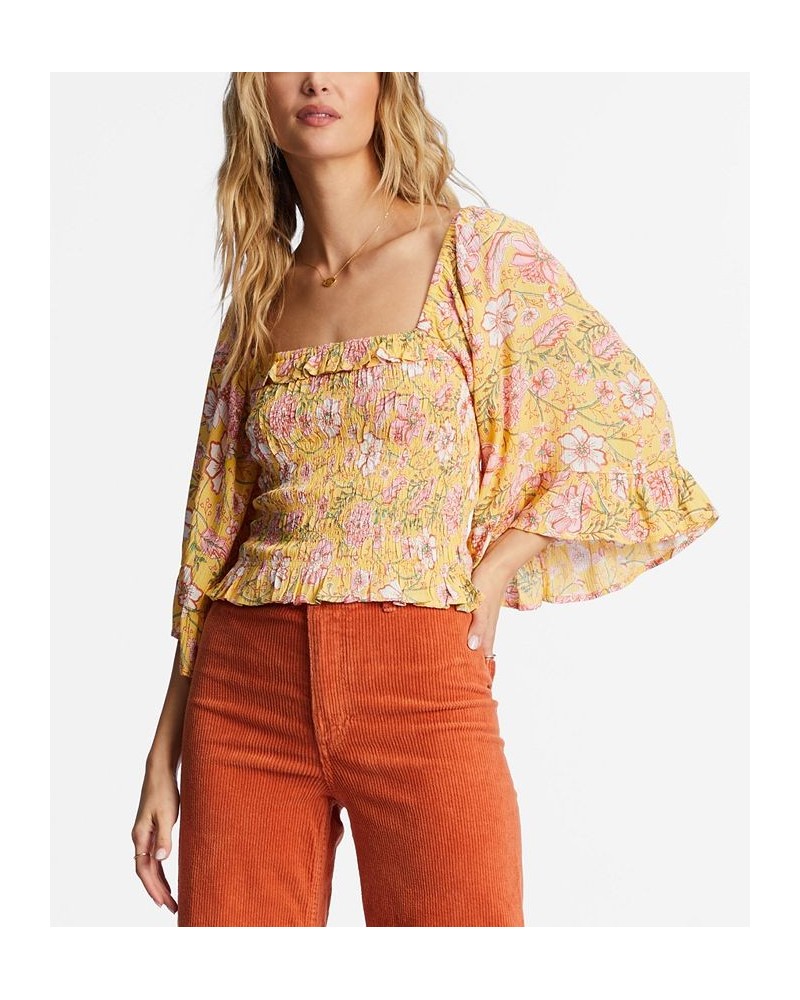 Juniors' Be My Babe Floral Bell-Sleeve Top Yellow $36.46 Tops