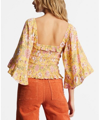 Juniors' Be My Babe Floral Bell-Sleeve Top Yellow $36.46 Tops