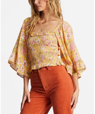 Juniors' Be My Babe Floral Bell-Sleeve Top Yellow $36.46 Tops