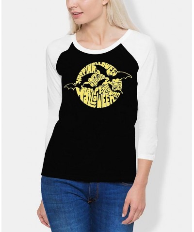 Women's Halloween Bats Raglan Word Art T-shirt Black and White $25.95 Tops