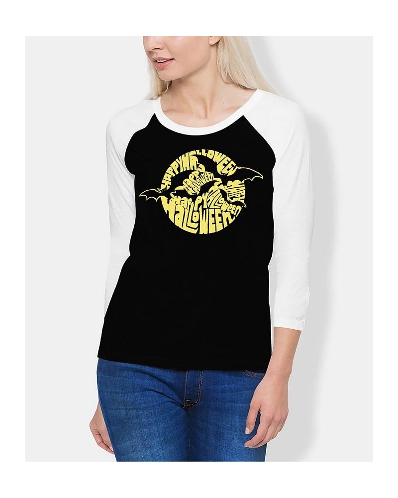 Women's Halloween Bats Raglan Word Art T-shirt Black and White $25.95 Tops