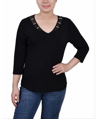 Petite 3/4 Sleeve Top with Illusion Neckline and Stones Black $15.04 Tops