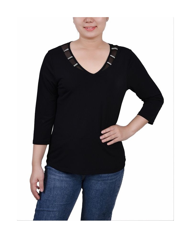 Petite 3/4 Sleeve Top with Illusion Neckline and Stones Black $15.04 Tops