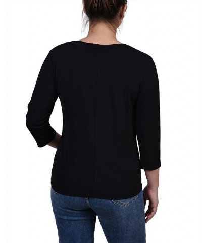 Petite 3/4 Sleeve Top with Illusion Neckline and Stones Black $15.04 Tops