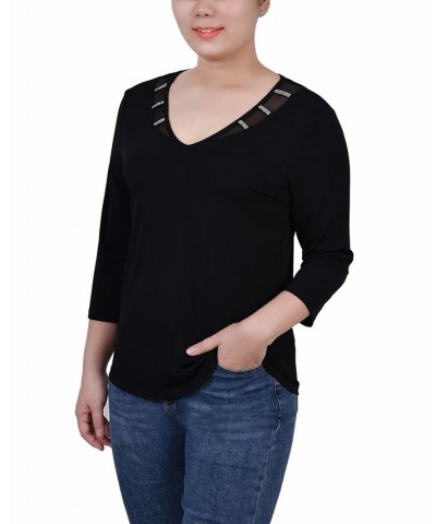 Petite 3/4 Sleeve Top with Illusion Neckline and Stones Black $15.04 Tops