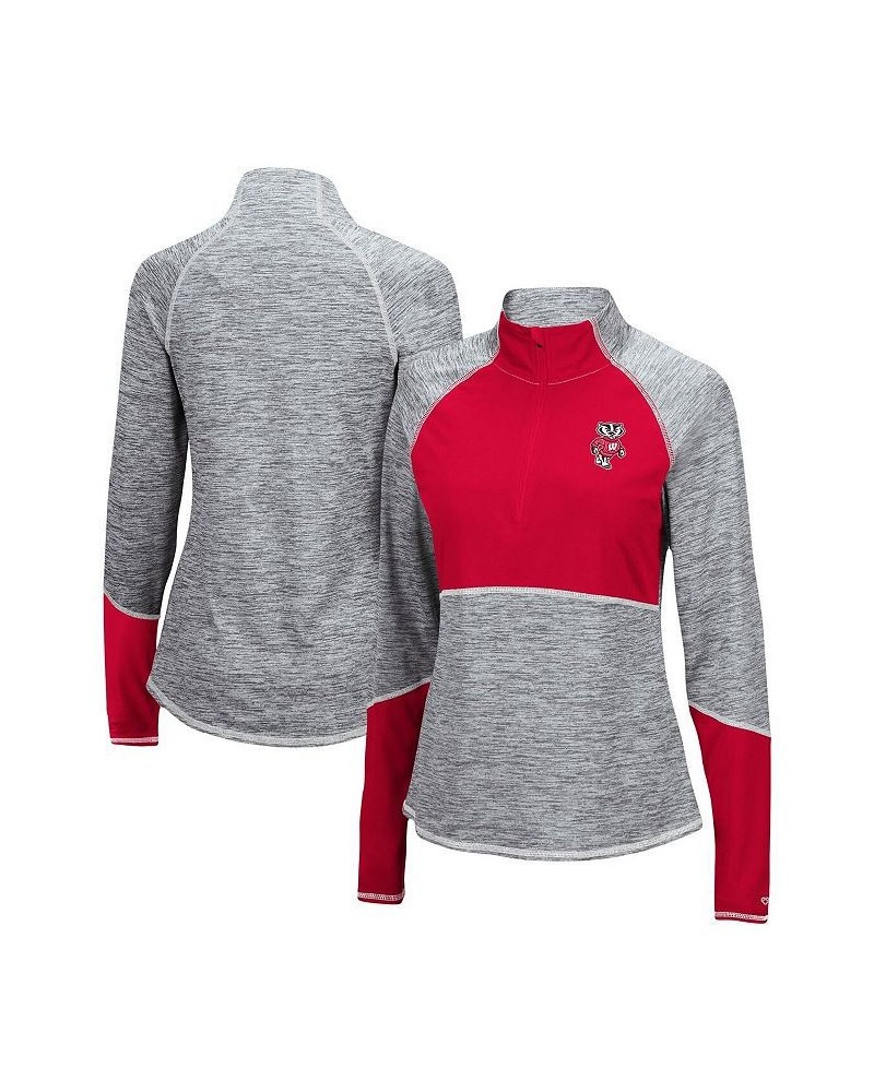 Women's Heathered Gray Red Wisconsin Badgers Color Block Space-Dye Raglan Quarter-Zip Top Heathered Gray, Red $30.80 Sweatshirts