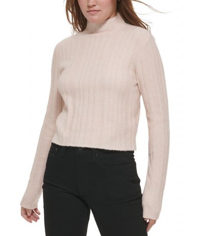 Women's Cropped Mock Neck Sweater Pink $26.51 Sweaters