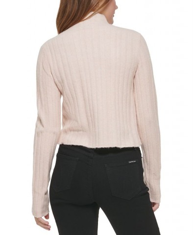 Women's Cropped Mock Neck Sweater Pink $26.51 Sweaters