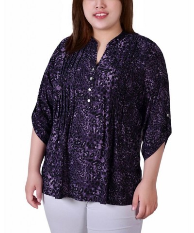 Plus Size 3/4 Roll Tab Sleeve Y-Neck Top Animal $14.89 Tops