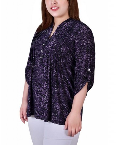 Plus Size 3/4 Roll Tab Sleeve Y-Neck Top Animal $14.89 Tops