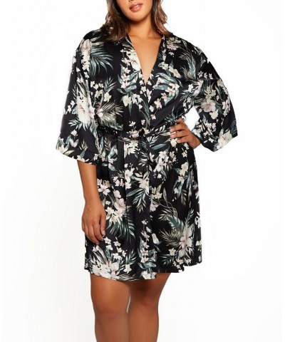 Plus Size Bella Floral Day and Night Robe with Sleeves Black $40.04 Lingerie