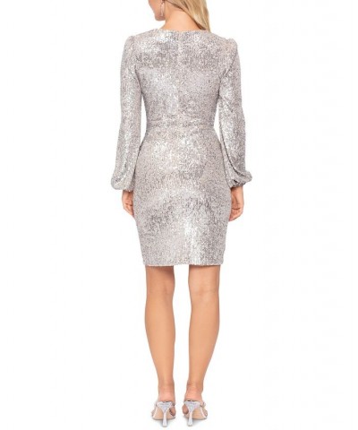 Women's V-Neck Long-Sleeve Ruffled Sequin Dress Nude Silver $49.28 Dresses