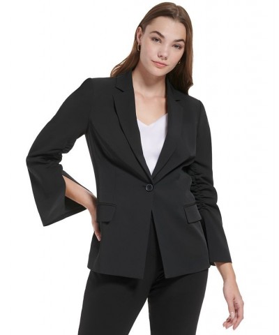 Women's Ruched Sleeve Split Cuff Blazer Black $21.93 Jackets