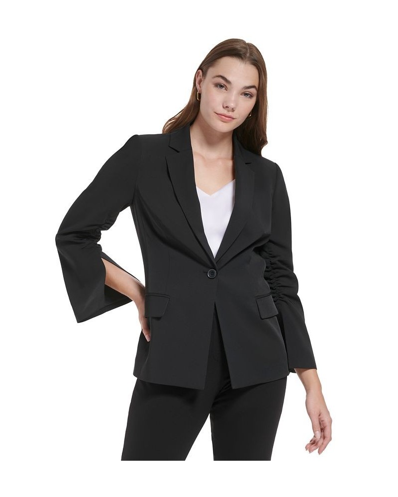 Women's Ruched Sleeve Split Cuff Blazer Black $21.93 Jackets