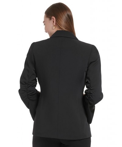 Women's Ruched Sleeve Split Cuff Blazer Black $21.93 Jackets