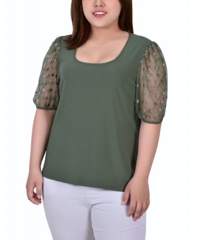 Plus Size Elbow Sleeve Crepe Top with Mesh Dotted Sleeves Green $14.35 Tops