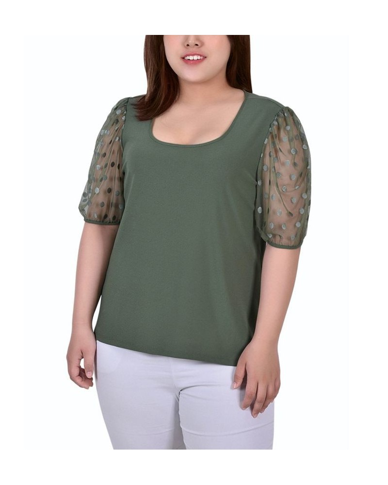 Plus Size Elbow Sleeve Crepe Top with Mesh Dotted Sleeves Green $14.35 Tops