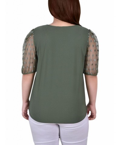 Plus Size Elbow Sleeve Crepe Top with Mesh Dotted Sleeves Green $14.35 Tops