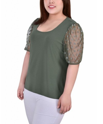 Plus Size Elbow Sleeve Crepe Top with Mesh Dotted Sleeves Green $14.35 Tops