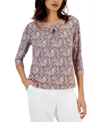 Women's Abstract-Print Cut-Out Long-Sleeve Top Pink $25.95 Tops