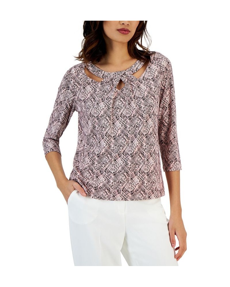 Women's Abstract-Print Cut-Out Long-Sleeve Top Pink $25.95 Tops