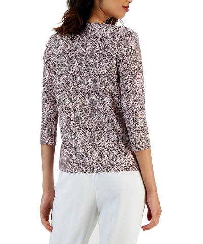 Women's Abstract-Print Cut-Out Long-Sleeve Top Pink $25.95 Tops