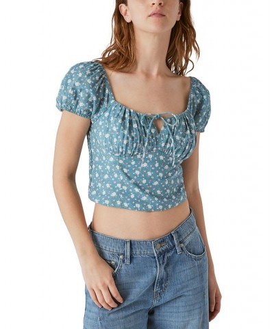 Laura Ashley x Women's Printed Corset Cropped Top Blue $41.79 Tops