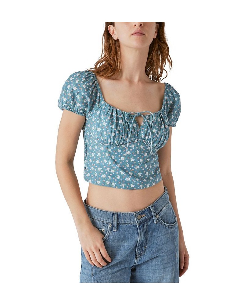 Laura Ashley x Women's Printed Corset Cropped Top Blue $41.79 Tops