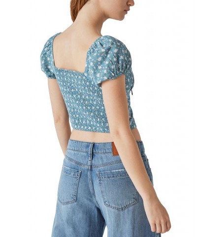 Laura Ashley x Women's Printed Corset Cropped Top Blue $41.79 Tops