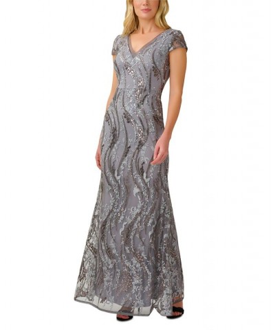 Petite Sequined Embroidered Gown Silver Multi $95.37 Dresses