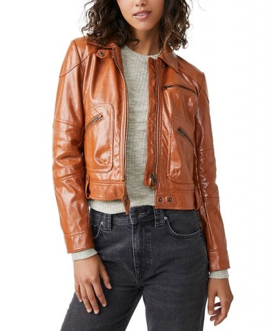 Women's Josie Faux-Leather Moto Jacket Brown $62.40 Coats