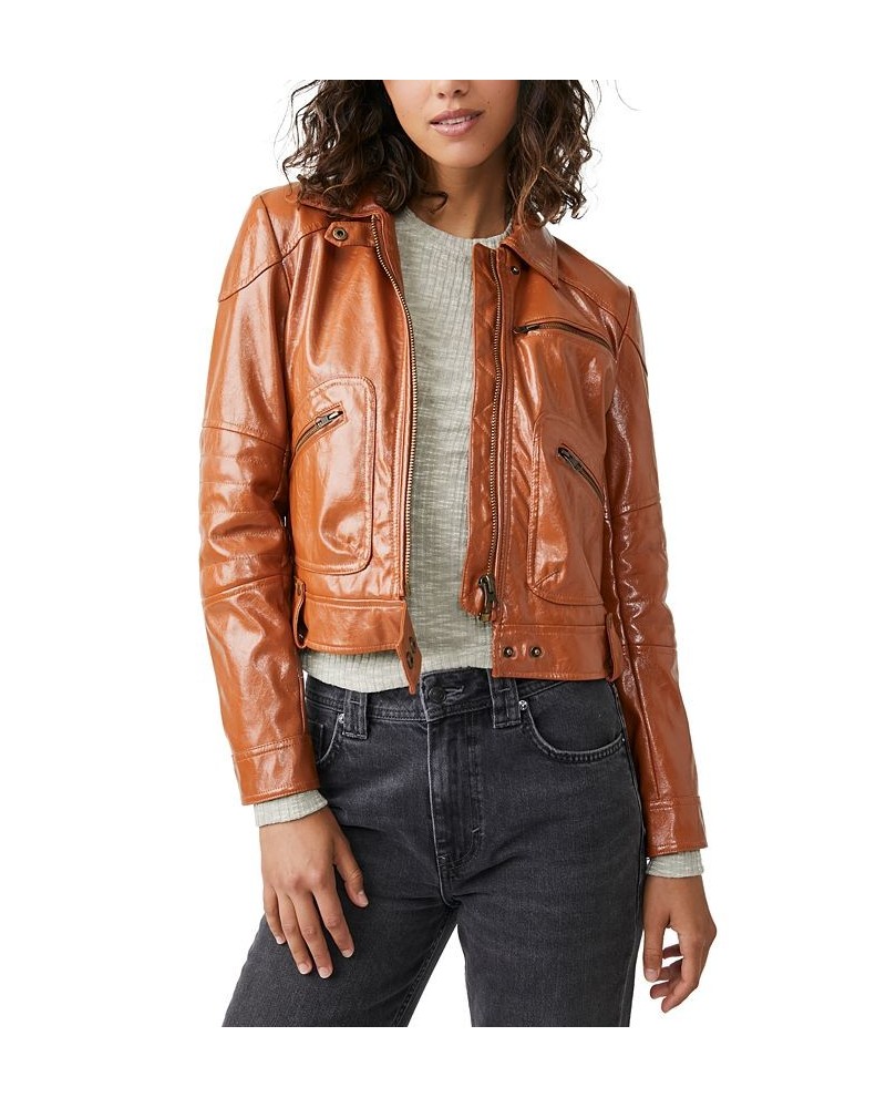 Women's Josie Faux-Leather Moto Jacket Brown $62.40 Coats