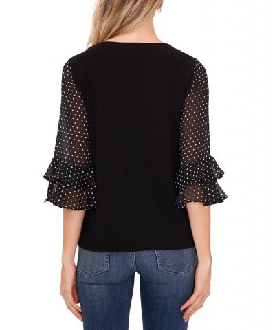 Women's Mixed-Media Ruffle-Sleeve Top Rich Black $29.15 Tops